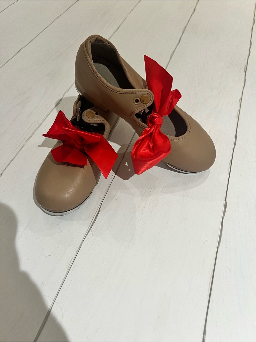 Girl’s Size 1  Tap Shoes with Red Satin Bow - Taupe